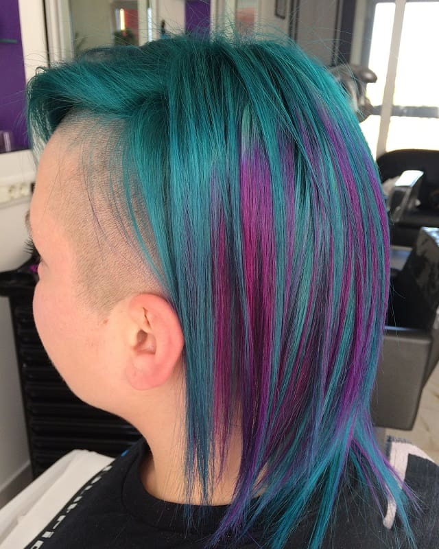 girl's purple blue shade Lob with side shaved hair