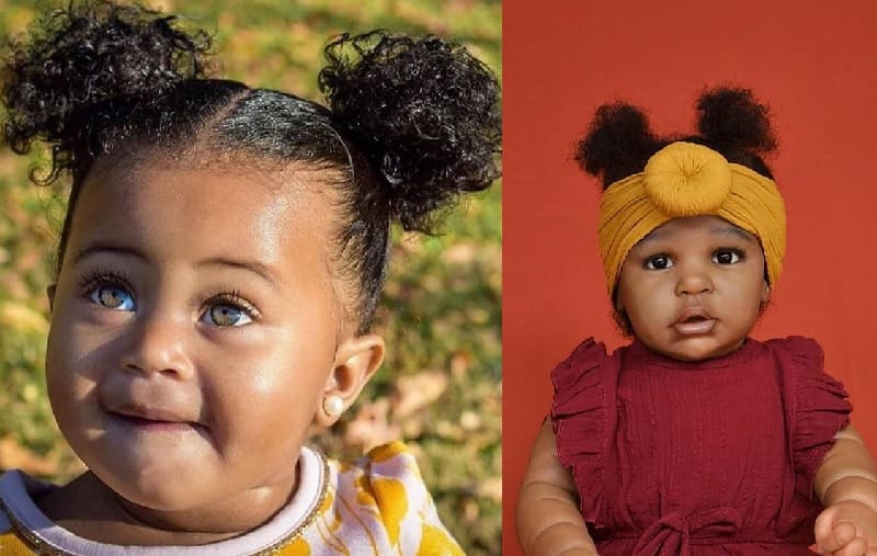 mixed baby girl with two bun hairstyle